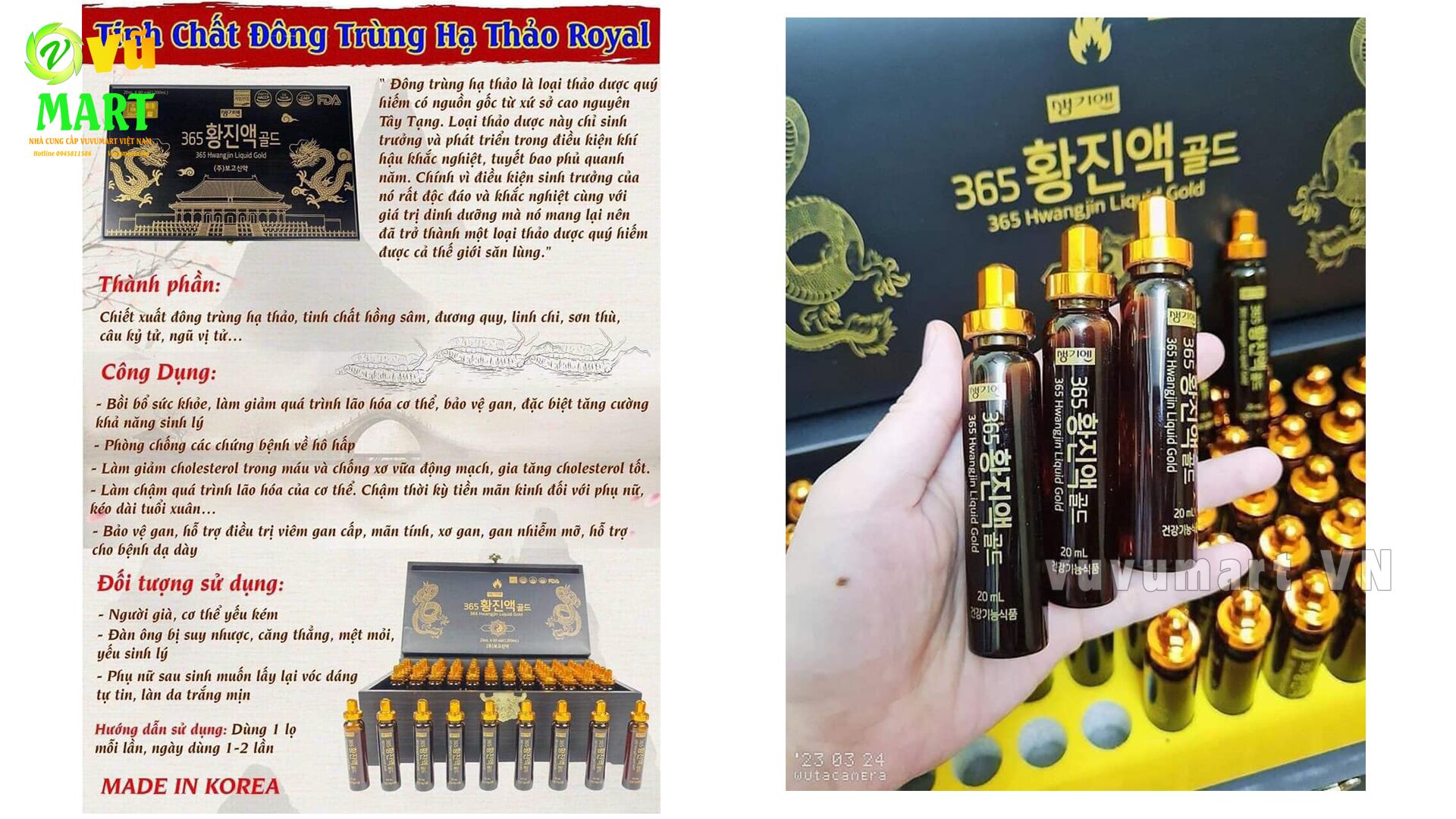 Tinh Chất Hồng Sâm Đông Trùng Hạ Thảo 365 Hwangjin Liquid Gold Rồng & Hổ & Phượng 51 Tinh Chất Đông Trùng Hạ Thảo 365 Hwangjin Liquid Gold Từ Hàn Quốc 60 Ống; Tinh Chất Đông Trùng Hạ Thảo 365 Hwangjin Liquid Gold - Bổ Dược Tăng Lực Từ Hàn Quốc; Tinh Chất Hồng Sâm Đông Trùng Hạ Thảo Hai Con Hổ Cheonsim Hwangje Liquid Hàn Quốc (60 Ống x 20ml)